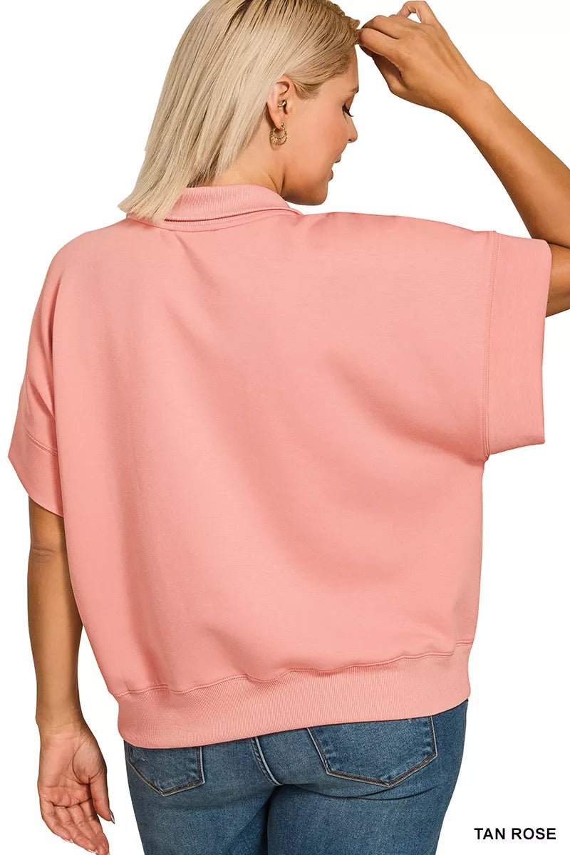Zenana Tan Rose Scuba High Neck Half Zip Short Sleeve Top