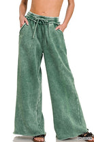 Zenana Acid Wash Fleece Palazzo Sweatpants with Pockets DK GREEN ZENANA