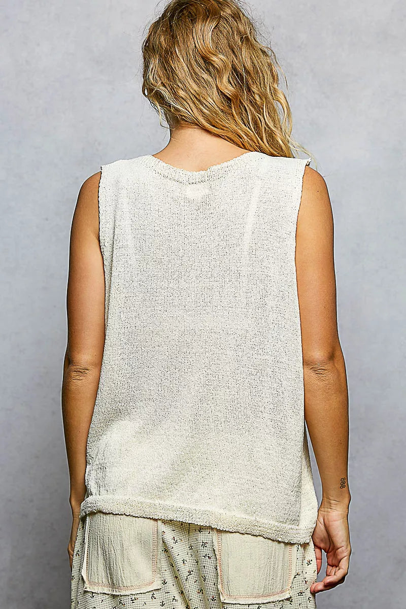 POL Natural Strawberry Pattern Round Neck Sleeveless Sweater Top