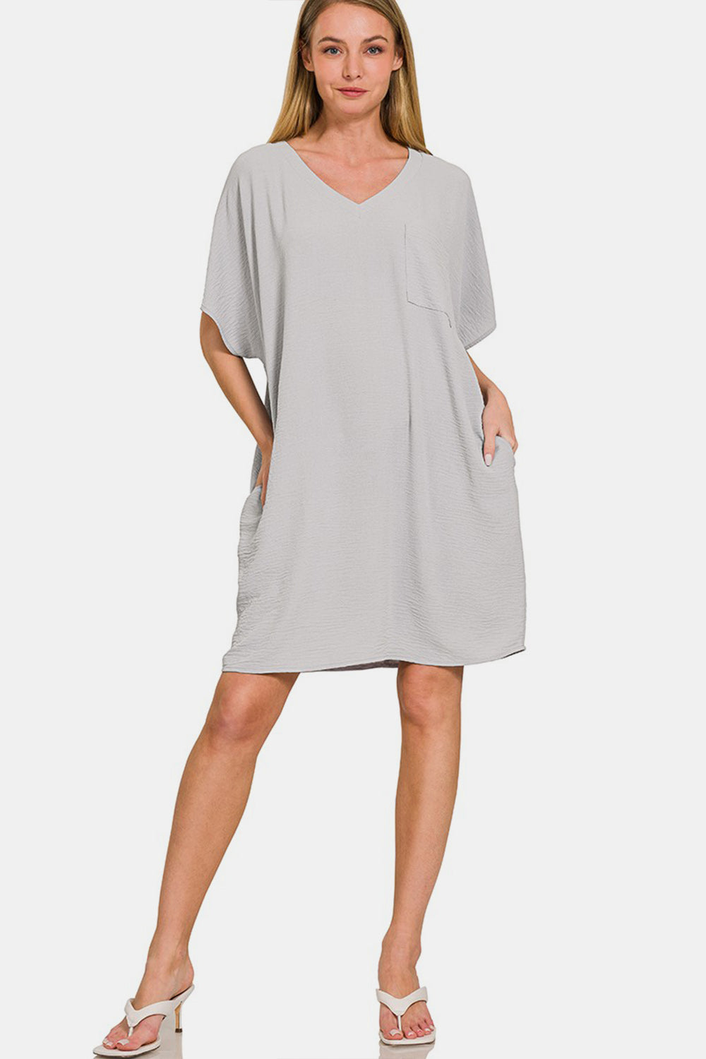 Zenana Light Grey Airflow V-Neck Tee Dress with Pockets Trendsi