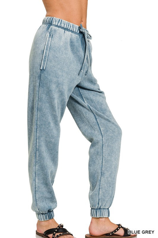 Zenana Acid Wash Fleece Sweatpants with Pockets BLUE GREY ZENANA