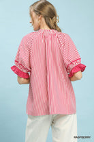Umgee Raspberry Stripe Ruffle Sleeve Split-Neck Blouse