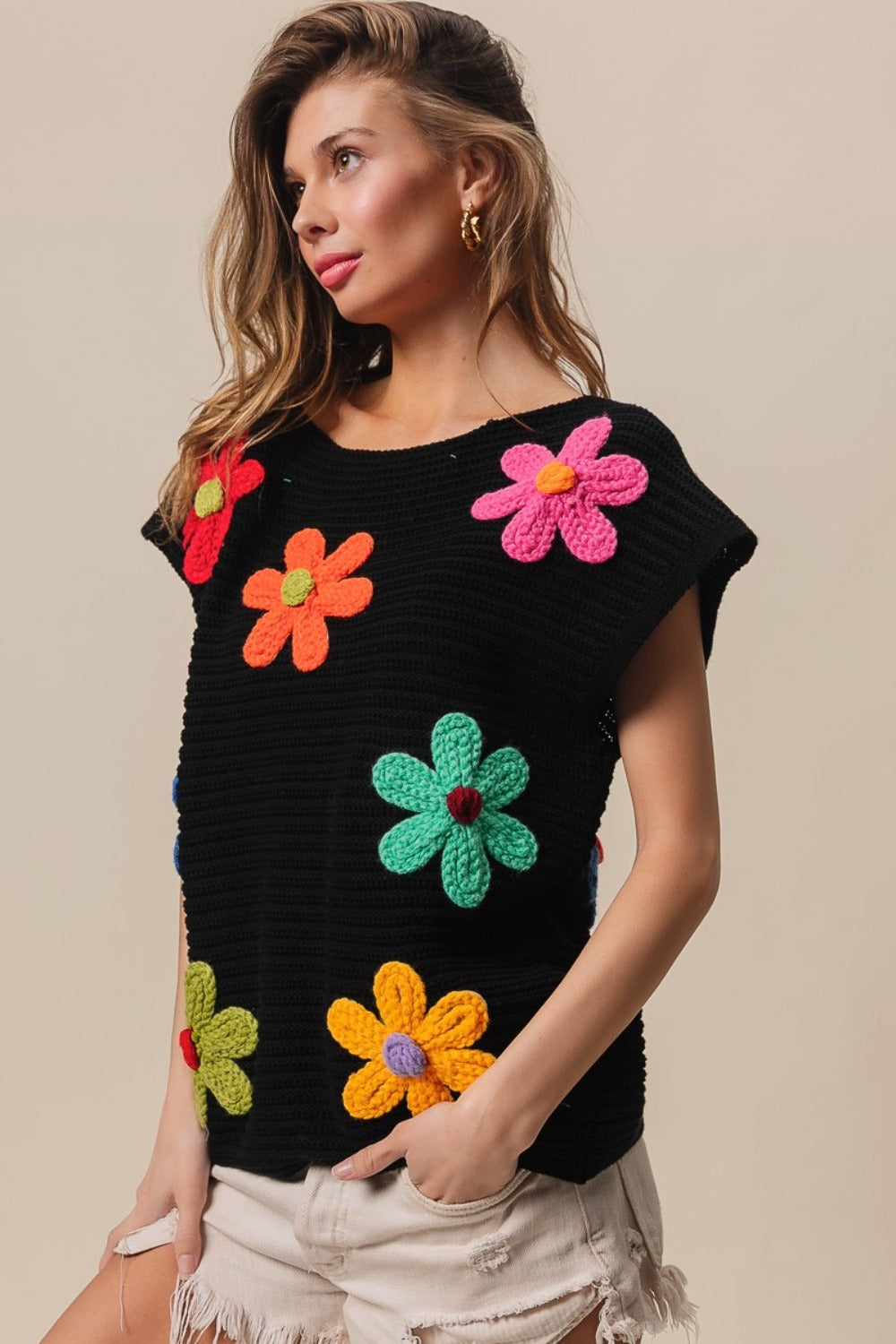 BiBi Black Flower Round Neck Cap Sleeve Knit Top Trendsi