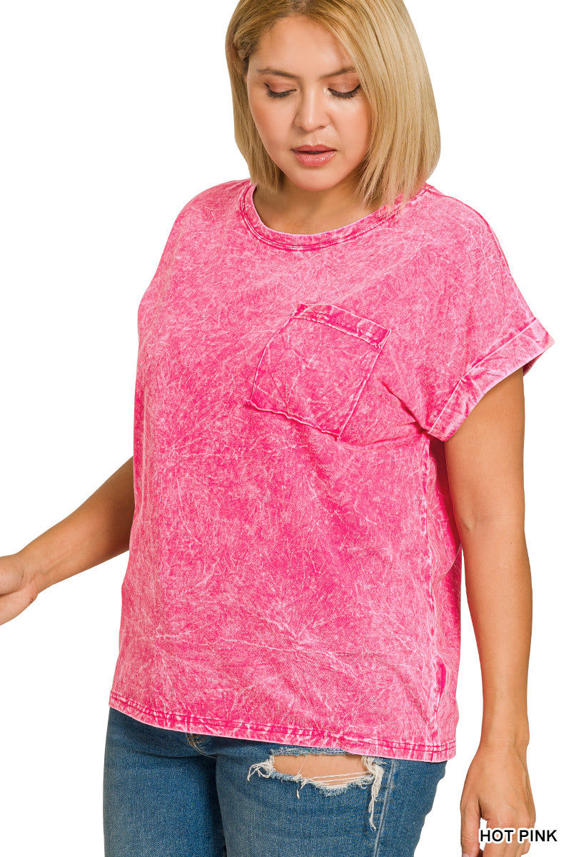 Zenana Hot Pink Crinkle Washed Round Neck Folded Short Sleeve Tee