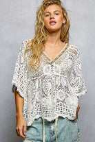 POL V-Neck Crochet Top with Scalloped Hem OFF WHITE One Size