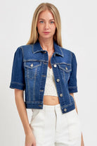 RISEN Dark Washed Puffed Short Sleeve Crop Denim Jacket