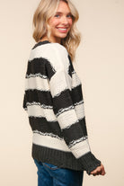 Haptics Charcoal/Ivory Striped Contrast Distressed Sweater Trendsi