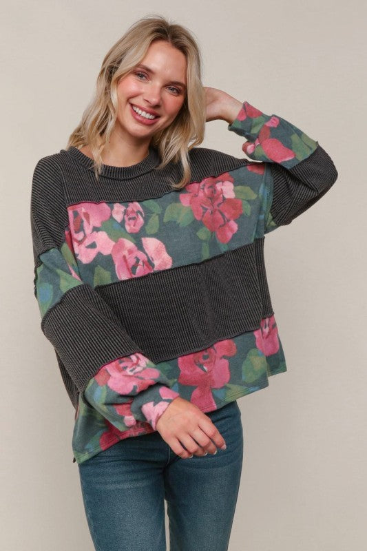 Haptics Floral & Charcoal Color Block Bubble Long Sleeve Knit Top