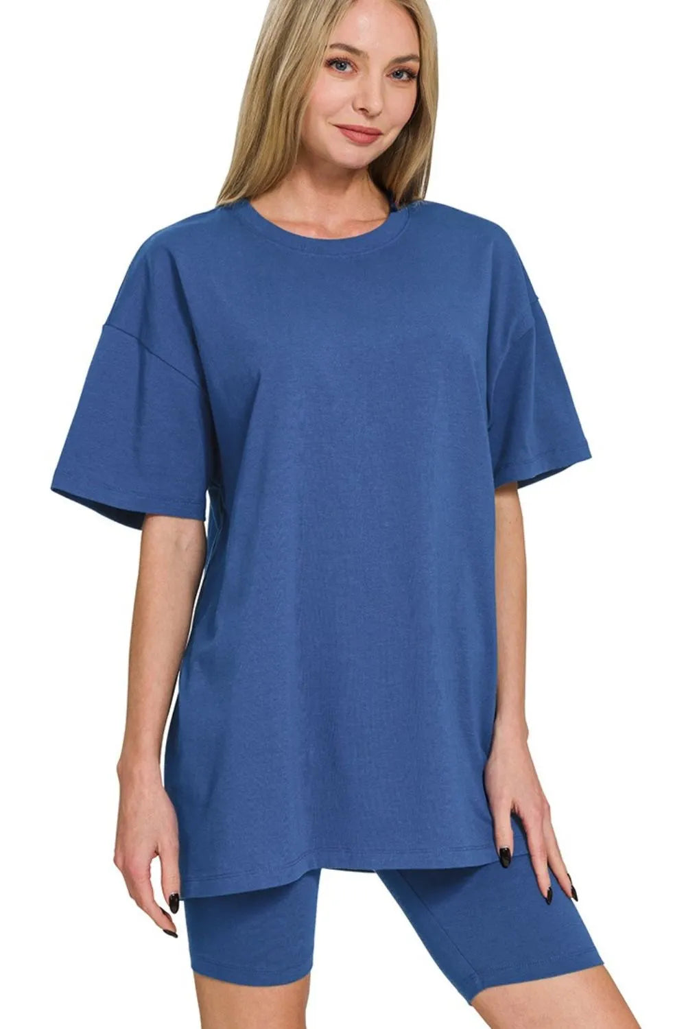 Zenana Light Navy Cotton Round Neck Top & Biker Shorts LT NAVY