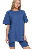 Zenana Light Navy Cotton Round Neck Top & Biker Shorts LT NAVY