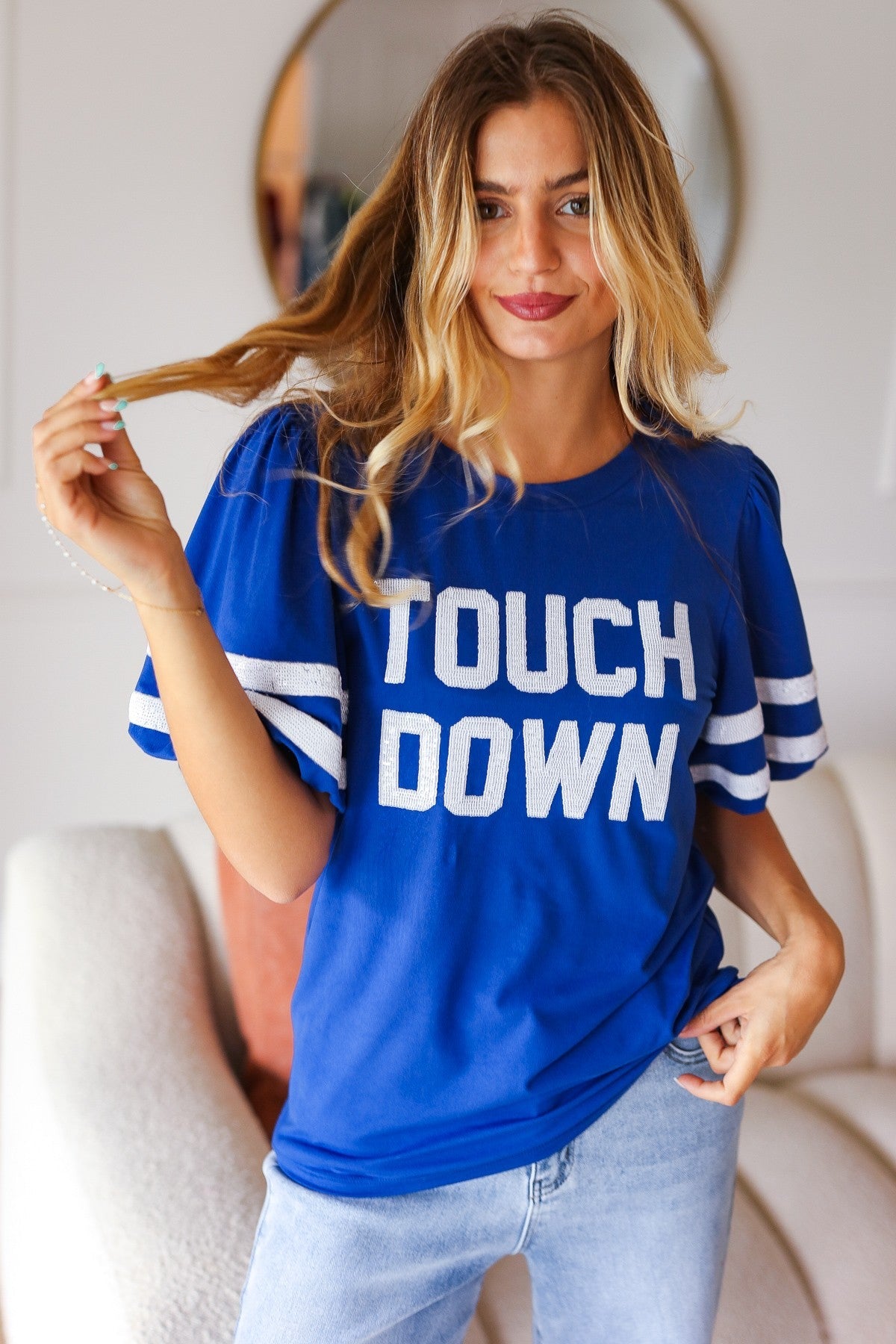 Haptics Stand Out Blue "TOUCHDOWN" Sequin Bubble Sleeve Game Day Top Haptics