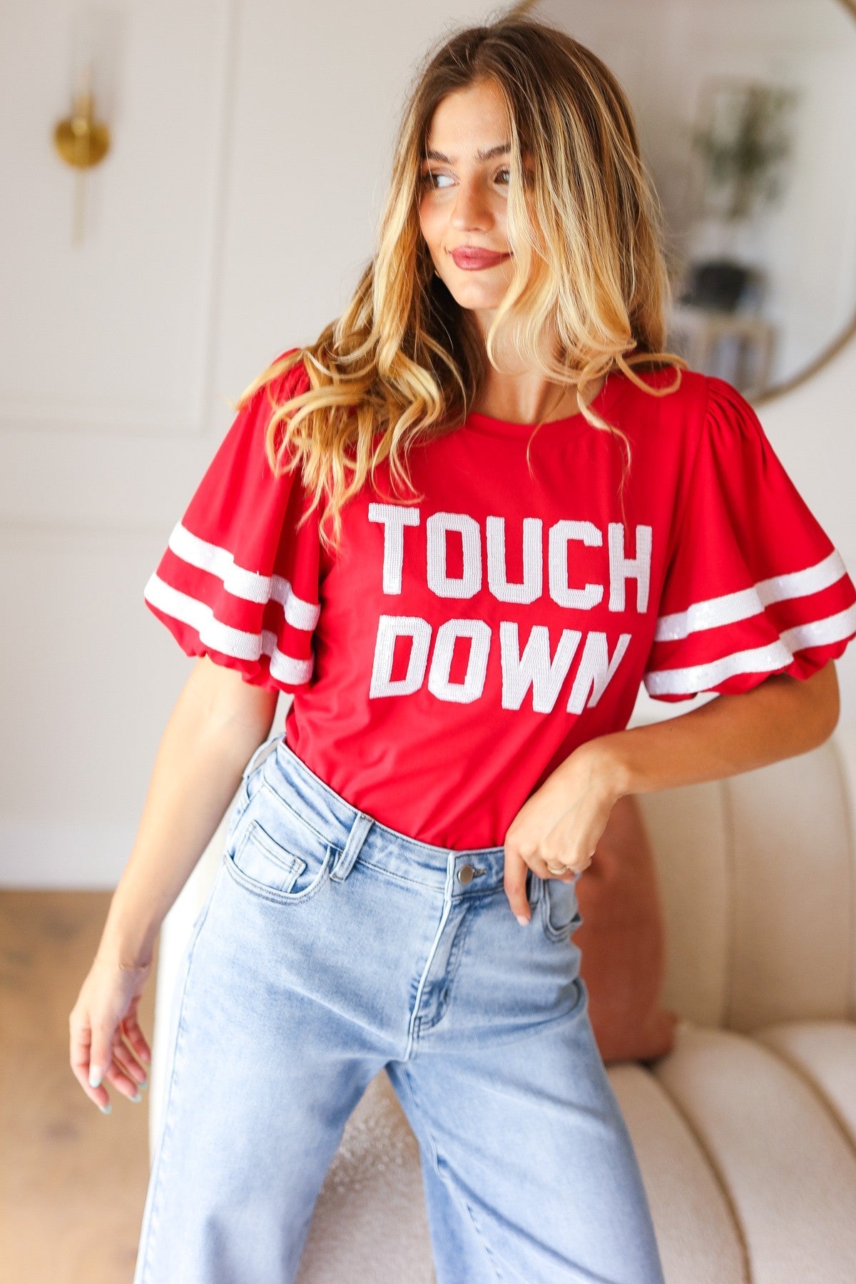 Haptics Stand Out Red "TOUCHDOWN" Sequin Bubble Sleeve Game Day Top Haptics