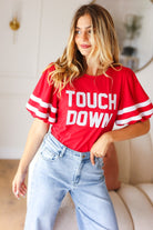 Haptics Stand Out Red "TOUCHDOWN" Sequin Bubble Sleeve Game Day Top Haptics