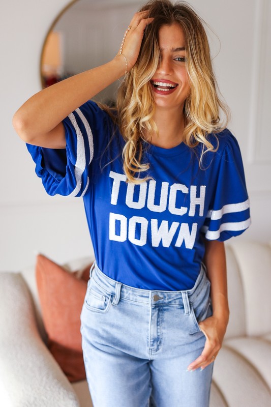 Haptics Stand Out Blue "TOUCHDOWN" Sequin Bubble Sleeve Game Day Top Haptics