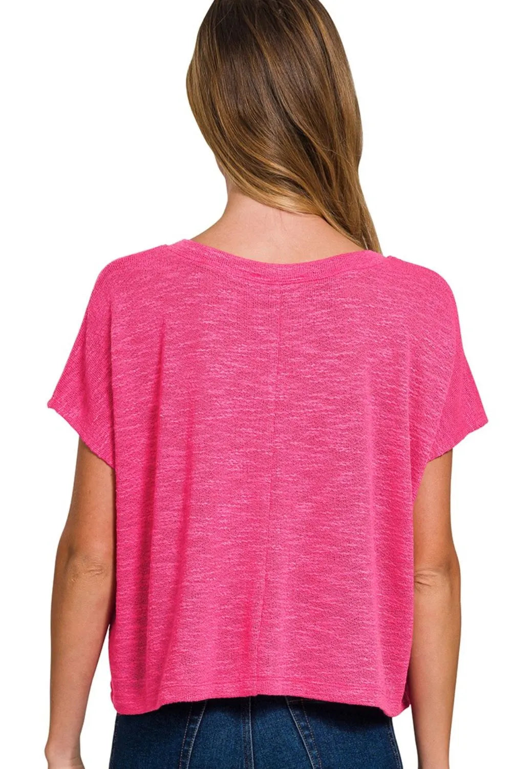 Zenana Hot Pink Hacci Slub V-neck Drop Shoulder Crop Top