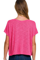Zenana Hot Pink Hacci Slub V-neck Drop Shoulder Crop Top