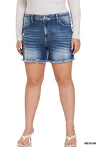 Zenana Plus Mid Rise Raw Frayed Hem Denim Shorts ZENANA