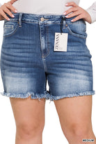 Zenana Plus Mid Rise Raw Frayed Hem Denim Shorts MEDIUM ZENANA