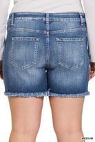 Zenana Plus Mid Rise Raw Frayed Hem Denim Shorts ZENANA