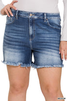 Zenana Plus Mid Rise Raw Frayed Hem Denim Shorts ZENANA