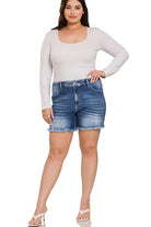 Zenana Plus Mid Rise Raw Frayed Hem Denim Shorts ZENANA