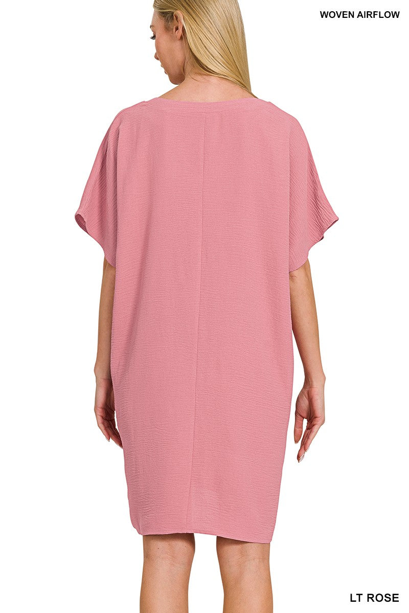 Zenana Light Grey Airflow V-Neck Tee Dress with Pockets Trendsi