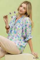 Umgee Blue Mix Floral Print Ruffle Top