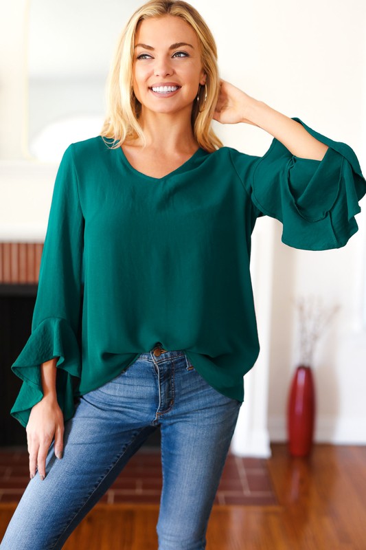 Haptics Falling In Love Hunter Green Hi-Lo Ruffle Sleeve Woven Top Haptics