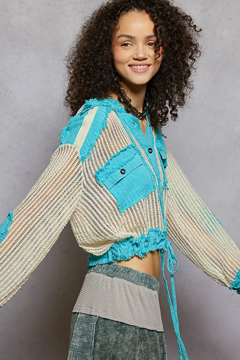 POL Aqua Blue Texture Woven Button Down Hooded Shirt with Drawstring Hem