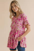 Haptics Fuchsia Frill Hem Babydoll Tiered Swing Floral Top