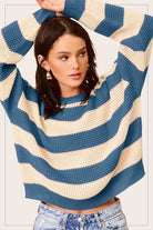 La Miel Striped Round Neck Loose Fit Sweater DENIM La Miel