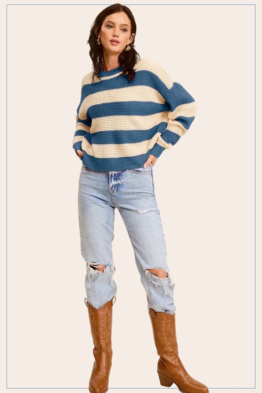 La Miel Striped Round Neck Loose Fit Sweater La Miel