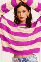 La Miel Striped Round Neck Loose Fit Sweater FUCHSIA La Miel