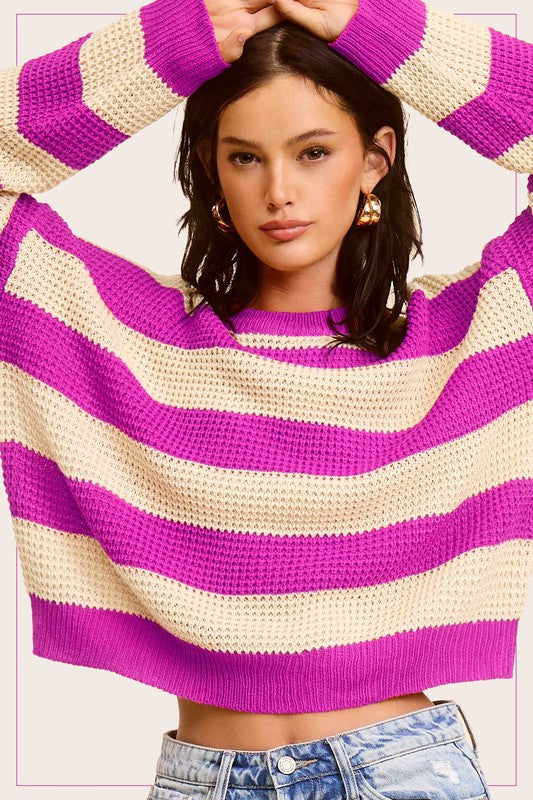 La Miel Striped Round Neck Loose Fit Sweater FUCHSIA La Miel