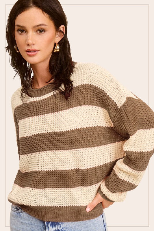 La Miel Striped Round Neck Loose Fit Sweater KHAKI La Miel