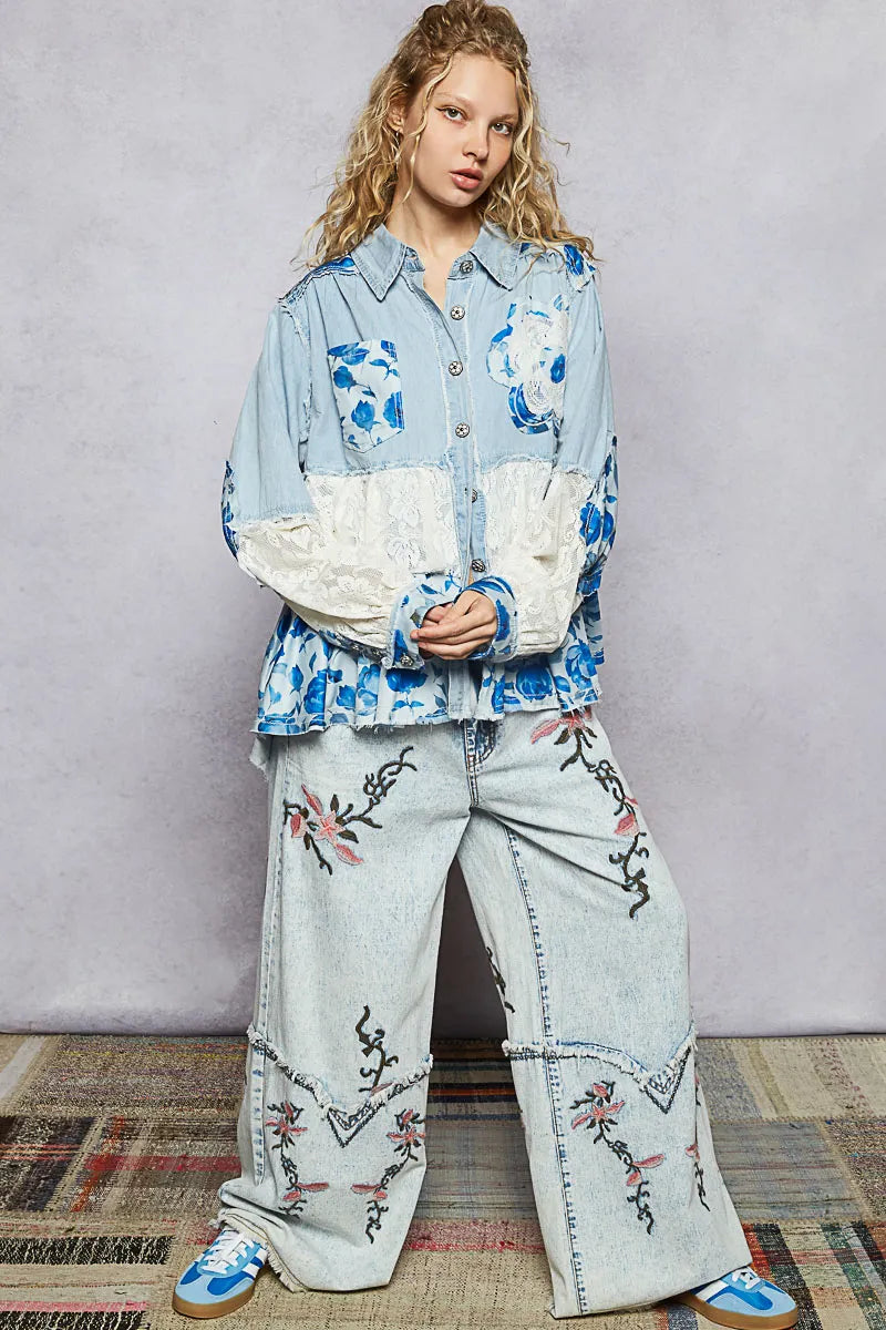 POL Floral Patchwork Denim Shirt with Lace Trim Details