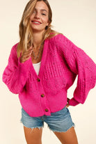 Haptics Fucshia Button Down Crop Long Sleeve Cardigan Fuchsia