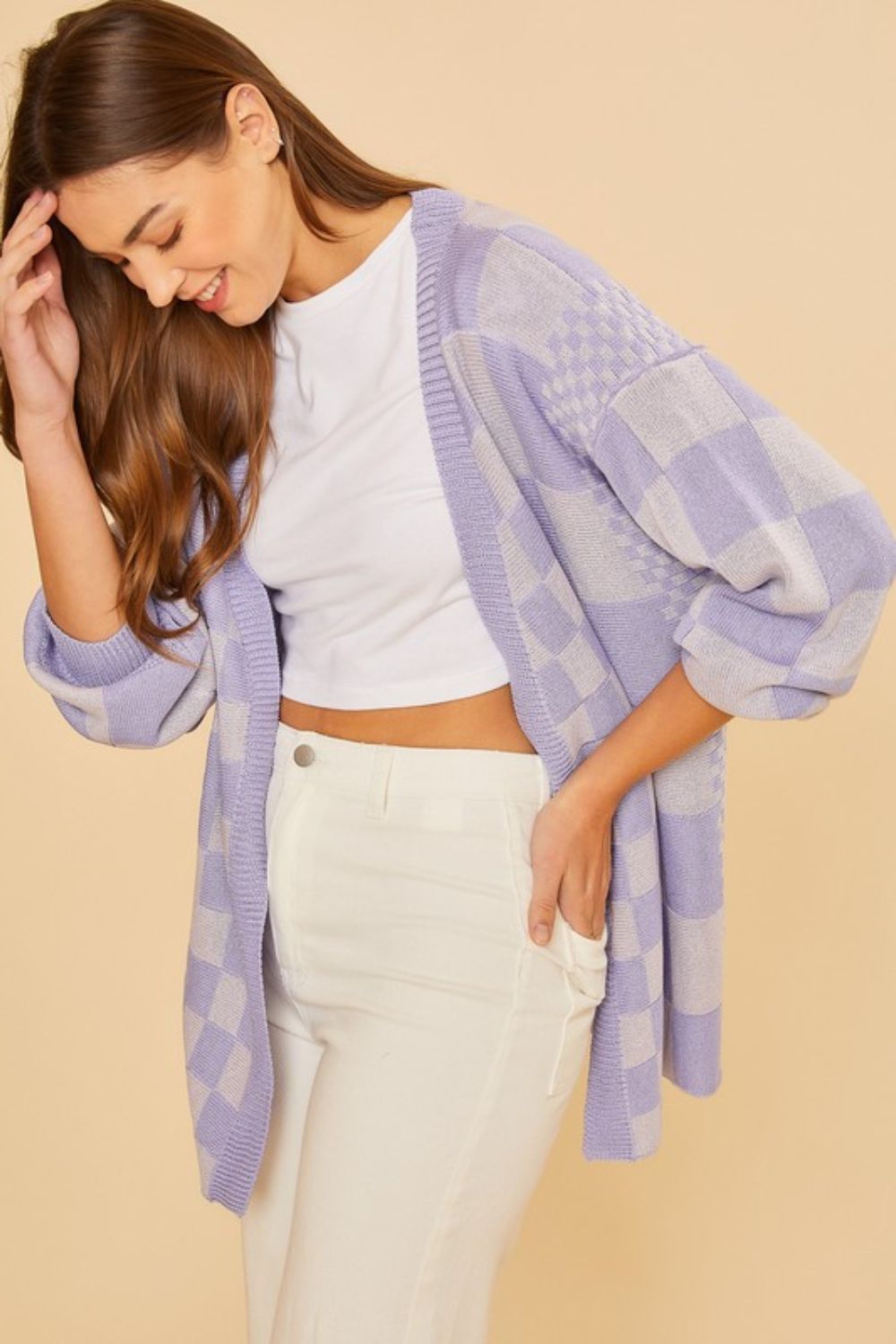 Annie Wear Lavender Checkered Open Front Drop Shoulder Cardigan