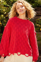 POL Candy Apple Red Weaving Cable Knit Distressed Long Sleeve Sweater Candy Apple Trendsi