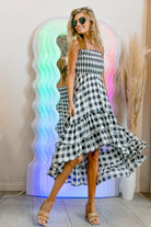 BiBi Black & Ivory Smocked Body Off Shoulder Check Dress