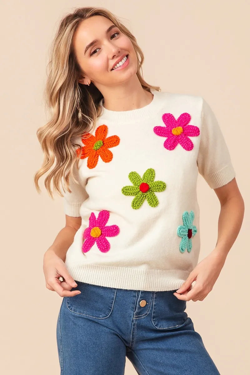BiBi Ivory Crochet Flower Patch Sweater Top
