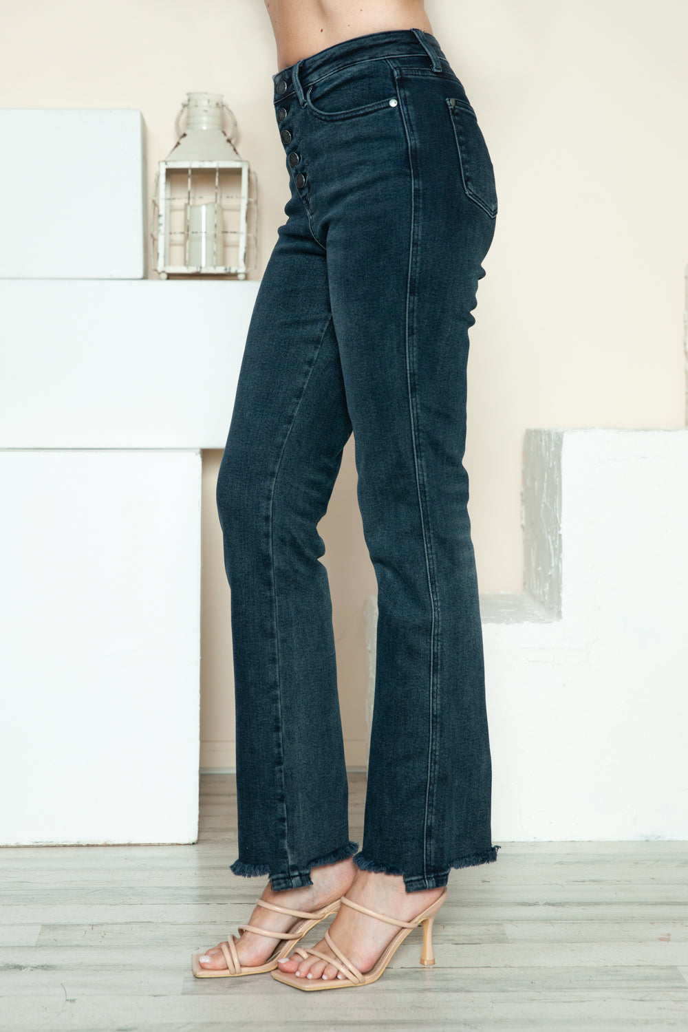 Judy Blue Dark Washed Button Fly Destroy Hem Straight Jeans Jeans