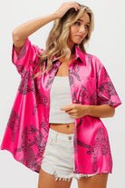 BiBi Fuchsia Leopard Print Short Sleeve Silky Satin Shirt Blouse