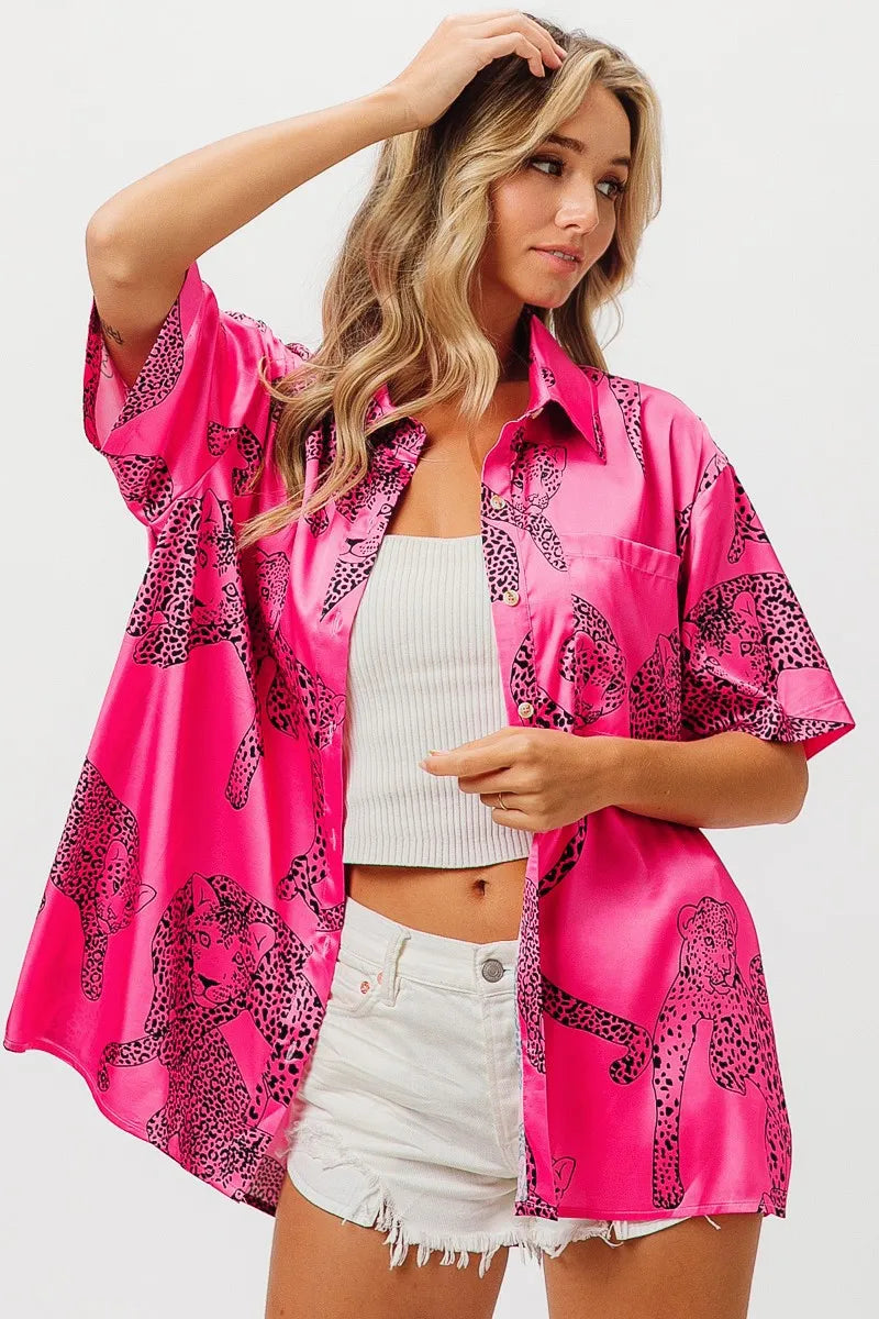 BiBi Fuchsia Leopard Print Short Sleeve Silky Satin Shirt Blouse