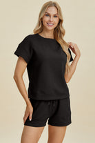 Double Take Textured Short Sleeve Top and Shorts Set Black Trendsi