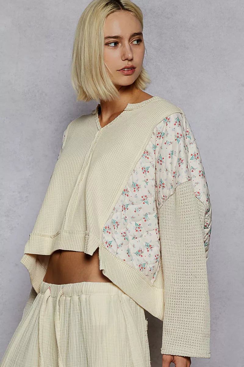 POL Cream Mix Thermal Floral Pattern Quilted Knit Cropped Top with Raw Edge Detail