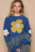 POL Blue Flower Lace Patch Long Sleeve Sweater Shirts & Tops