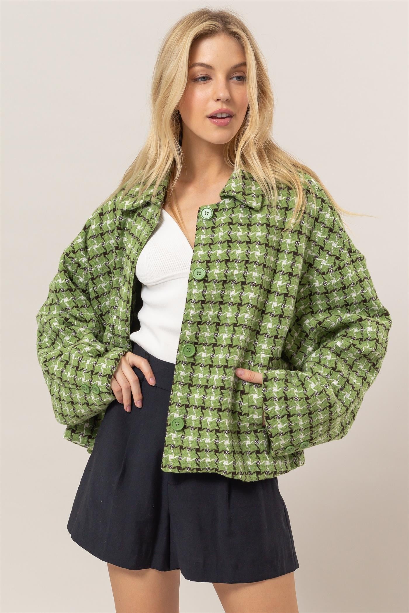 HYFVE Tweed Plaid Button Up Collared Neck Jacket Green Trendsi