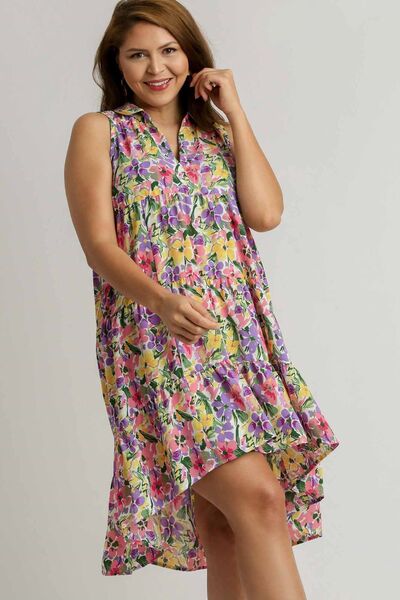 Umgee Violet Mix High-Low Hem Floral Sleeveless Tiered Dress