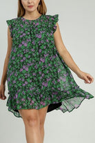 Umgee Dark Green Smocked Detail Floral Metallic Ruffle Cap Sleeve Dress